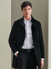Charles Tyrwhitt Black Pure Wool Funnel Neck Overcoat - Image 1 of 6