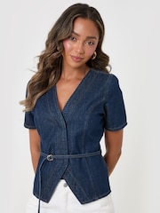 Threadbare Blue Denim Belted Short Sleeve Top - Image 1 of 4