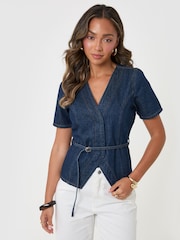 Threadbare Blue Denim Belted Short Sleeve Top - Image 3 of 4