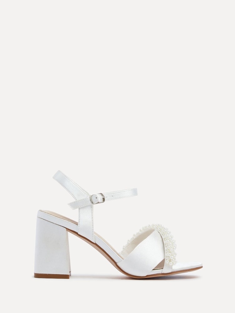 Linzi Ivory Bridal Satin Block Heels With Pearl Embellished Toe Strap - Image 2 of 6