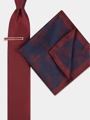 MOSS Wine Red Floral Tie Pocket Square And Tie Bar Set - Image 1 of 1