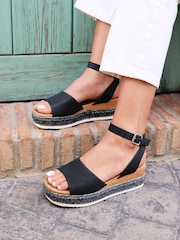 Linzi Black Wide Fit Arizona Espadrille Flatform Shoes With Plaited Sole - Image 1 of 5