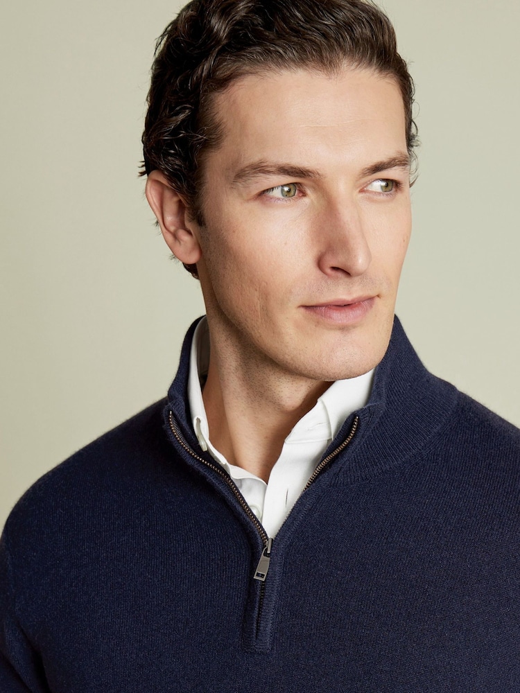 Bleumarin albastru - Pulover cu fermoar din cașmir Denim Charles Tyrwhitt - Imaginea 2 din 5