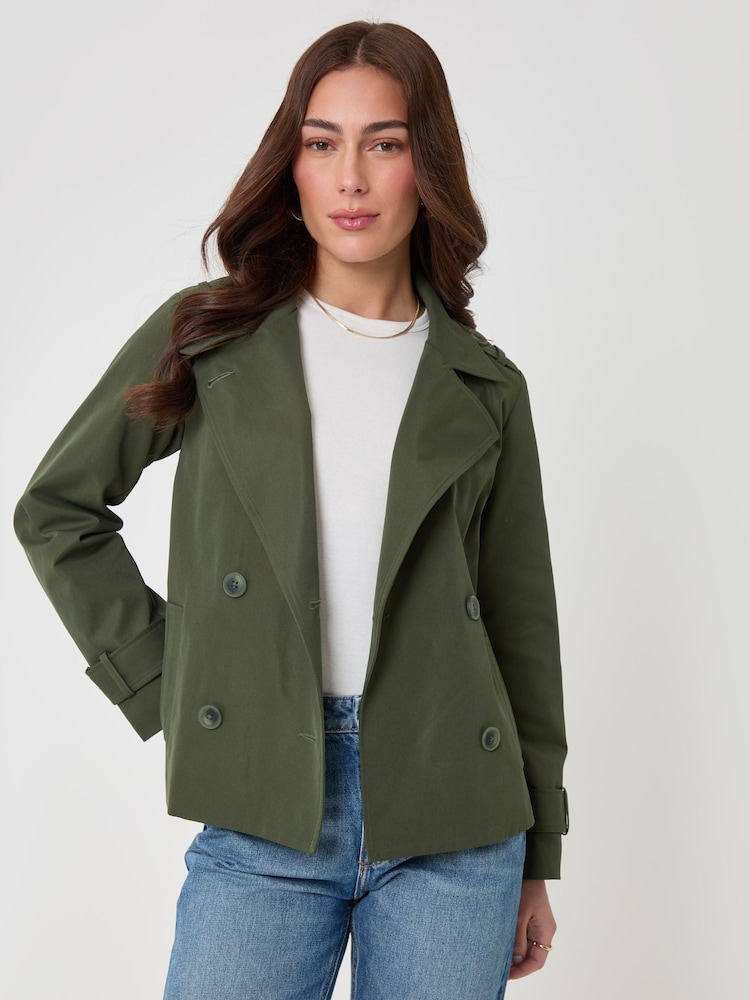 Threadbare Green Funnel Neck Short Trench Coat - Image 1 of 5