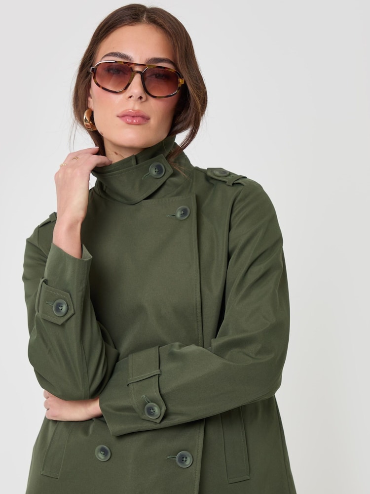 Threadbare Green Funnel Neck Short Trench Coat - Image 2 of 5