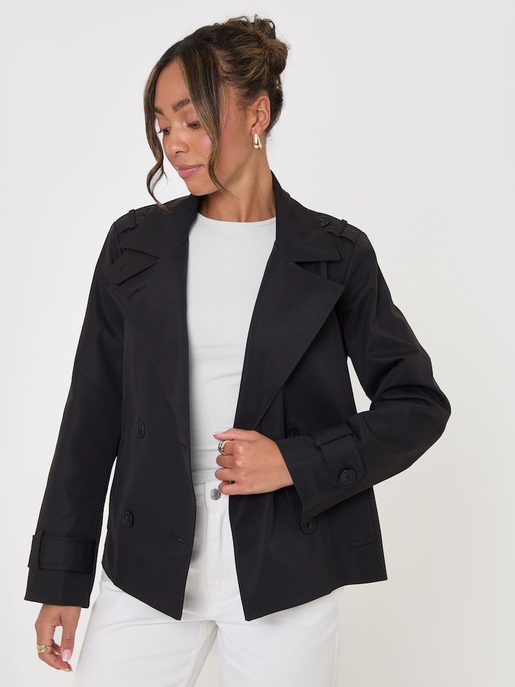 Threadbare Black Funnel Neck Short Trench Coat - Image 1 of 5