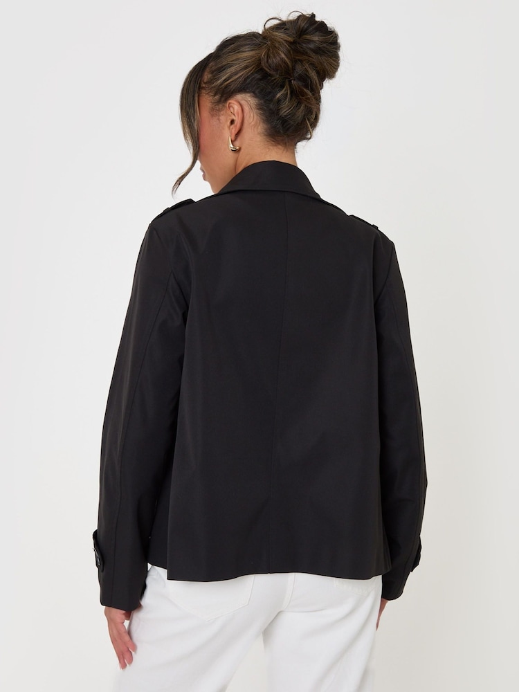 Threadbare Black Funnel Neck Short Trench Coat - Image 2 of 5