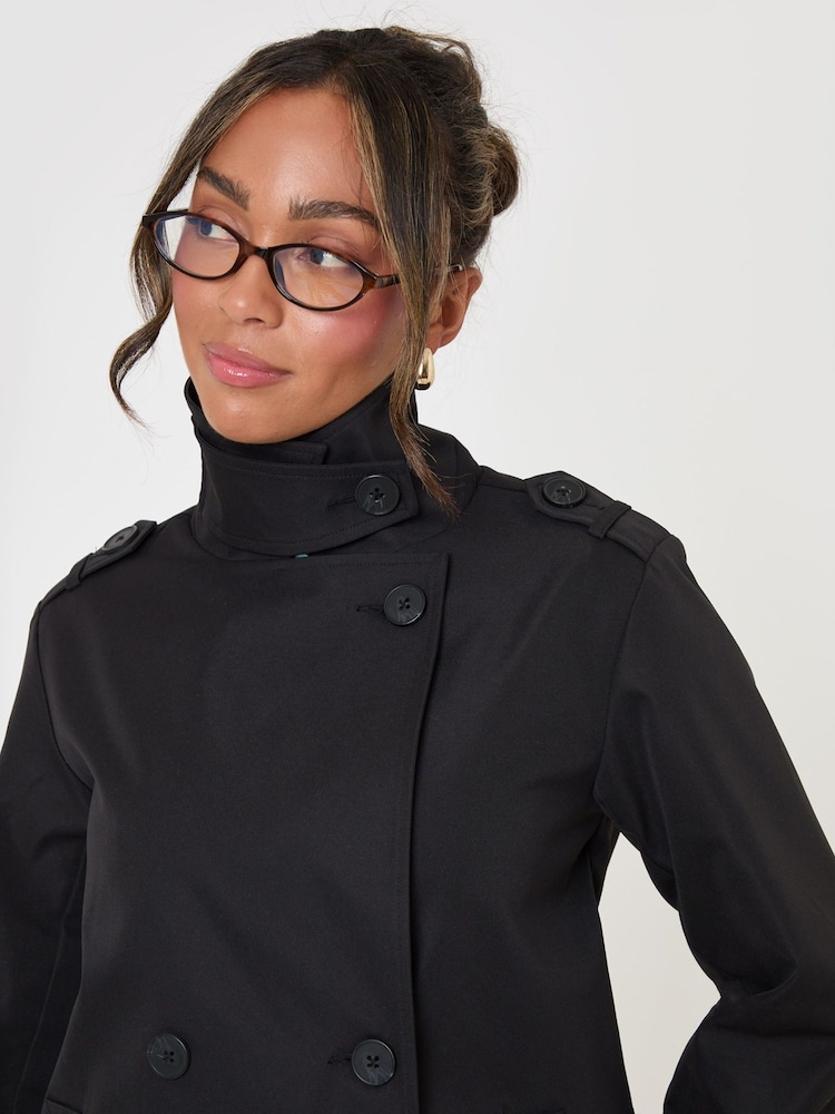 Threadbare Black Funnel Neck Short Trench Coat - Image 5 of 5