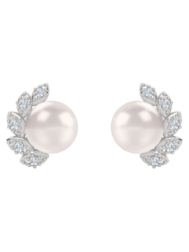 The Diamond Store White Eden 7.5mm Round Pearl and Lab Diamond Stud Earrings in Sterling Silver - Image 1 of 8 The Diamond Store White Eden 7.5mm Round Pearl and Lab Diamond Stud Earrings in Sterling Silver - Image 1 of 8