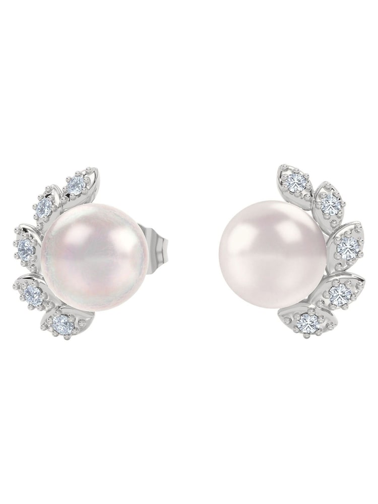 The Diamond Store White Eden 7.5mm Round Pearl and Lab Diamond Stud Earrings in Sterling Silver - Image 2 of 8 The Diamond Store White Eden 7.5mm Round Pearl and Lab Diamond Stud Earrings in Sterling Silver - Image 2 of 8