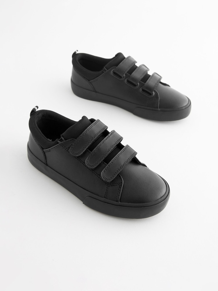 Black Standard Fit (F) Leather 3 Strap Touch Fastening School Shoes - Image 1 of 6