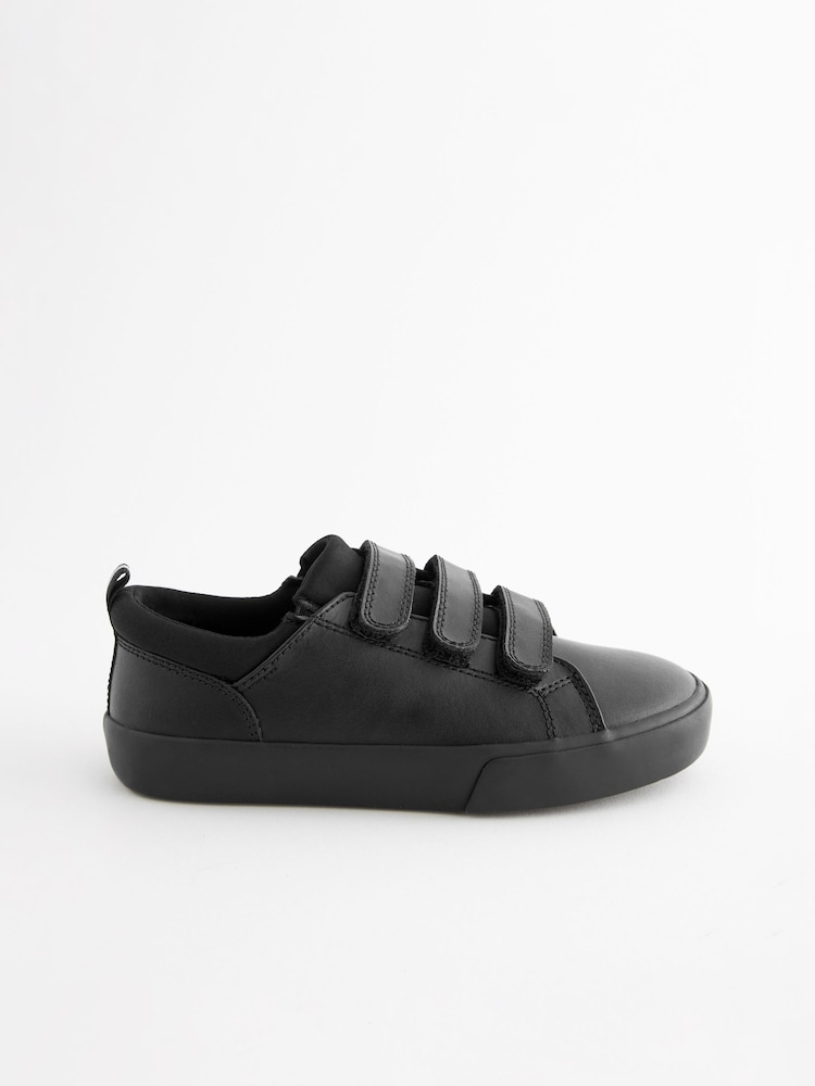 Black Standard Fit (F) Leather 3 Strap Touch Fastening School Shoes - Image 2 of 6