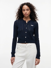 Tommy Jeans Blue Slim Pointelle Flag Cardigan - Image 1 of 5