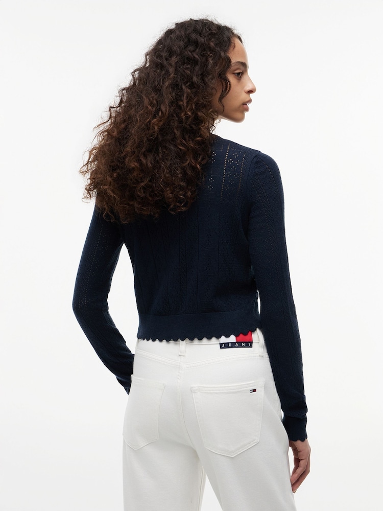 Tommy Jeans Blue Slim Pointelle Flag Cardigan - Image 2 of 5 Tommy Jeans Blue Slim Pointelle Flag Cardigan - Image 2 of 5