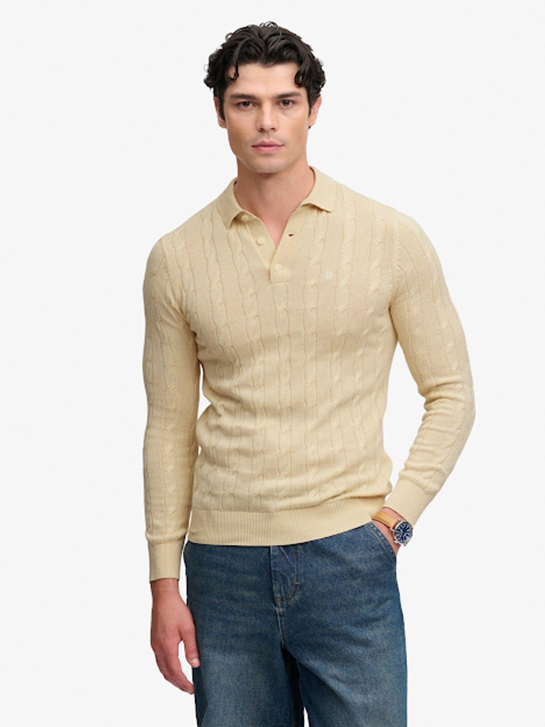 Superdry Men's Beige Long Sleeve Cable Knit Polo - Image 2