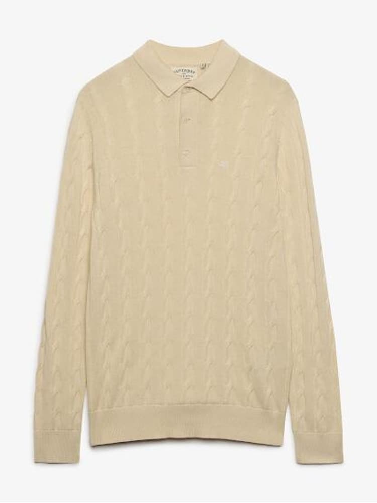 Superdry Brown Cable Knit Long Sleeve Polo Shirt - Image 1 of 2