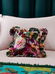 Clarke & Clarke Pink 100% Cotton Tahiti Ruffle Edge Floral Feather Filled Cushion - Image 1 of 4