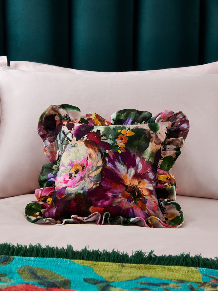 Clarke & Clarke Pink 100% Cotton Tahiti Ruffle Edge Floral Feather Filled Cushion - Image 1 of 4