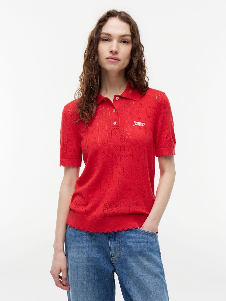 أحمر - كنزة بولو بأكمام قصيرة ونسيج Pointelle وشعار العلم من Tommy Jeans - صورة 1 من 5