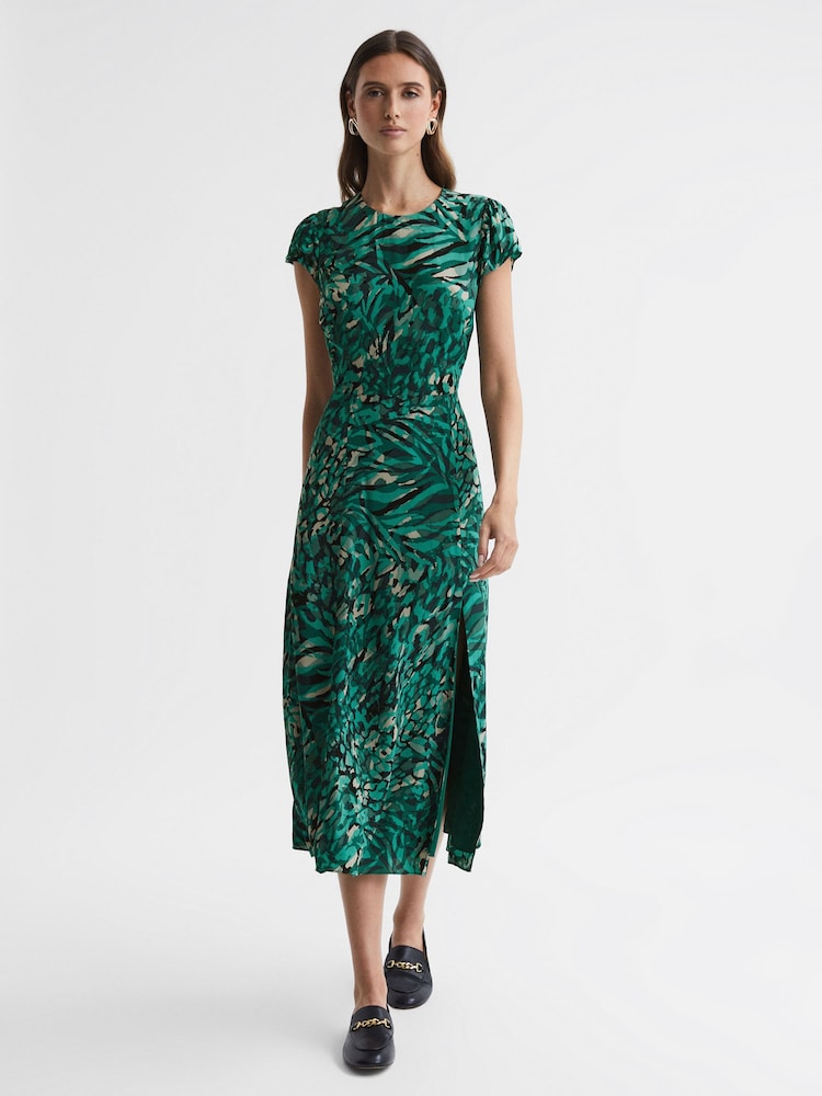 Reiss Green Livia Printed Cut Out Fitted Midi Dress - Image 1 of 4 Reiss Green Livia Printed Cut Out Fitted Midi Dress - Image 1 of 4