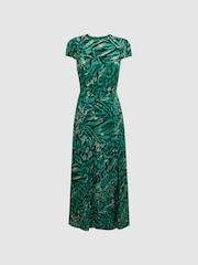 Reiss Green Livia Printed Cut Out Fitted Midi Dress - Image 2 of 4