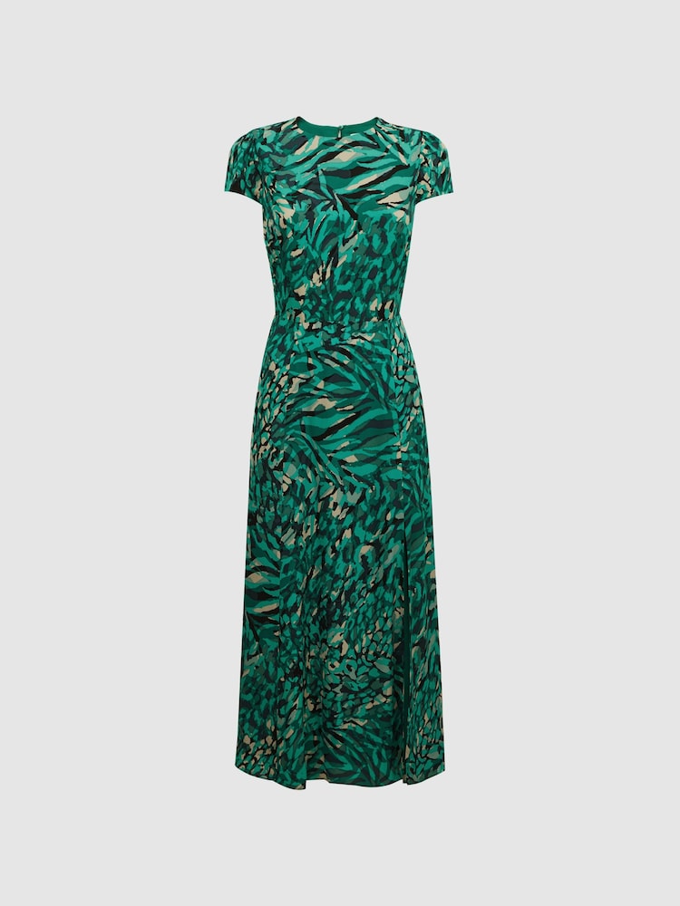 Reiss Green Livia Printed Cut Out Fitted Midi Dress - Image 2 of 4