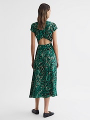 Reiss Green Livia Printed Cut Out Fitted Midi Dress - Image 4 of 4
