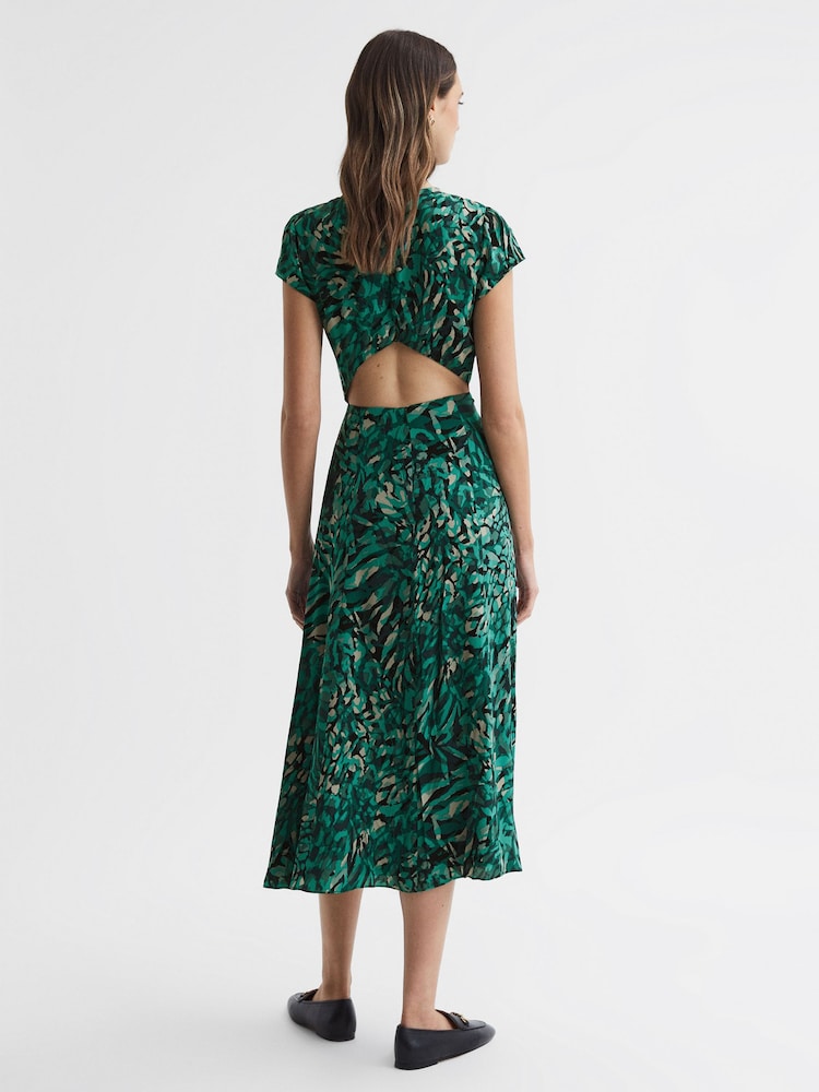 Reiss Green Livia Printed Cut Out Fitted Midi Dress - Image 4 of 4