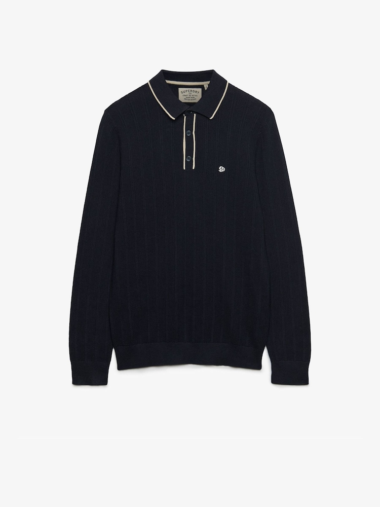Superdry Blue Knitted Long Sleeve Polo Shirt With Tipping Detail - Image 1 of 2