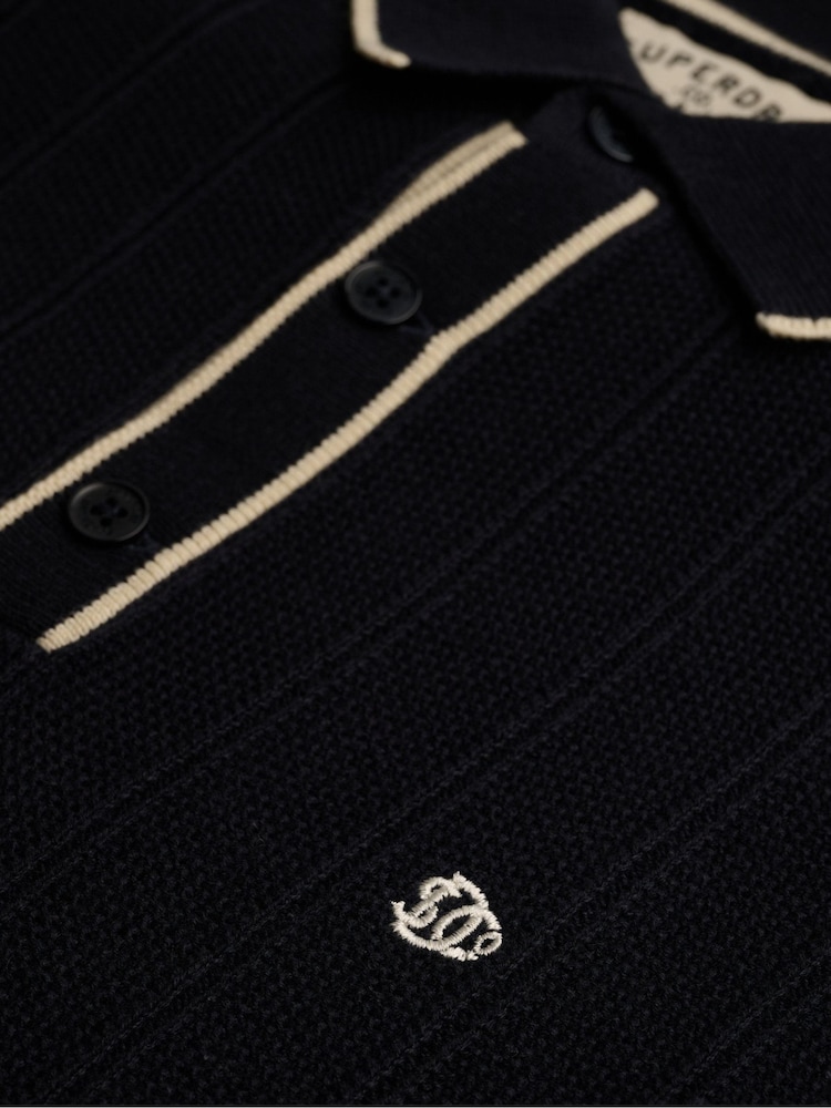 Superdry Blue Knitted Long Sleeve Polo Shirt With Tipping Detail - Image 2 of 2