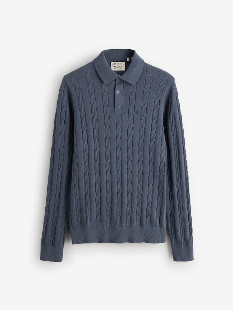 Superdry Blue Cable Knit Long Sleeve Polo Shirt - Image 1 of 1
