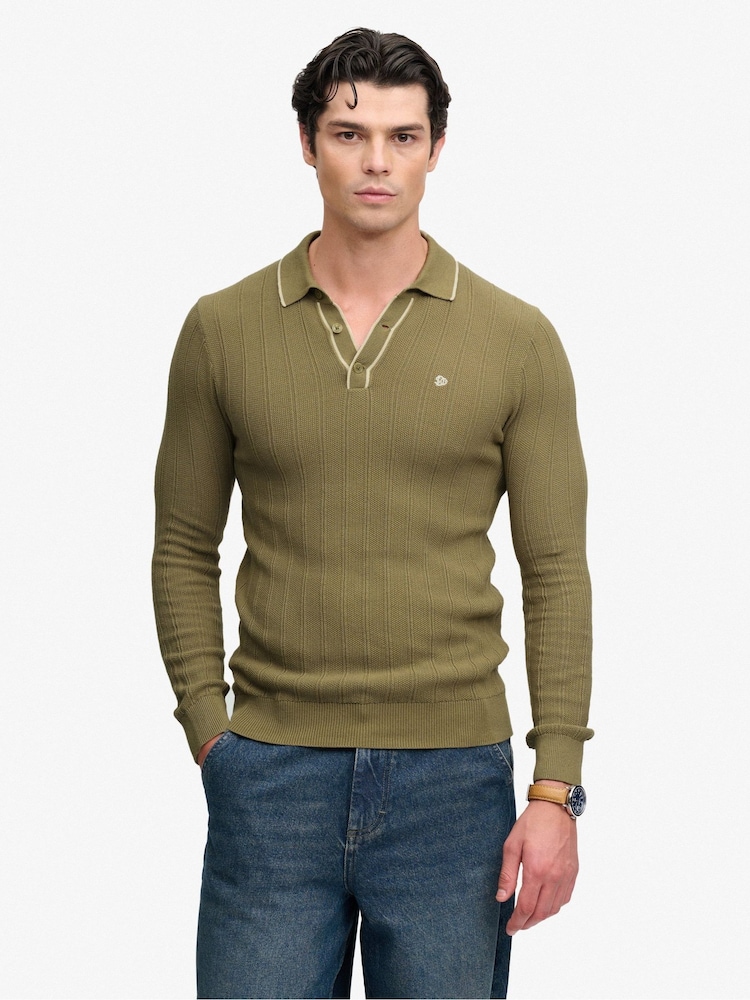 Superdry Green Knitted Long Sleeve Polo Shirt With Tipping Detail - Image 1 of 6