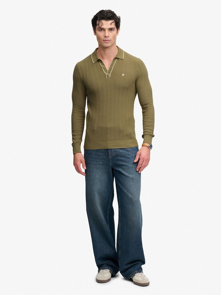 Superdry Green Knitted Long Sleeve Polo Shirt With Tipping Detail - Image 2 of 6