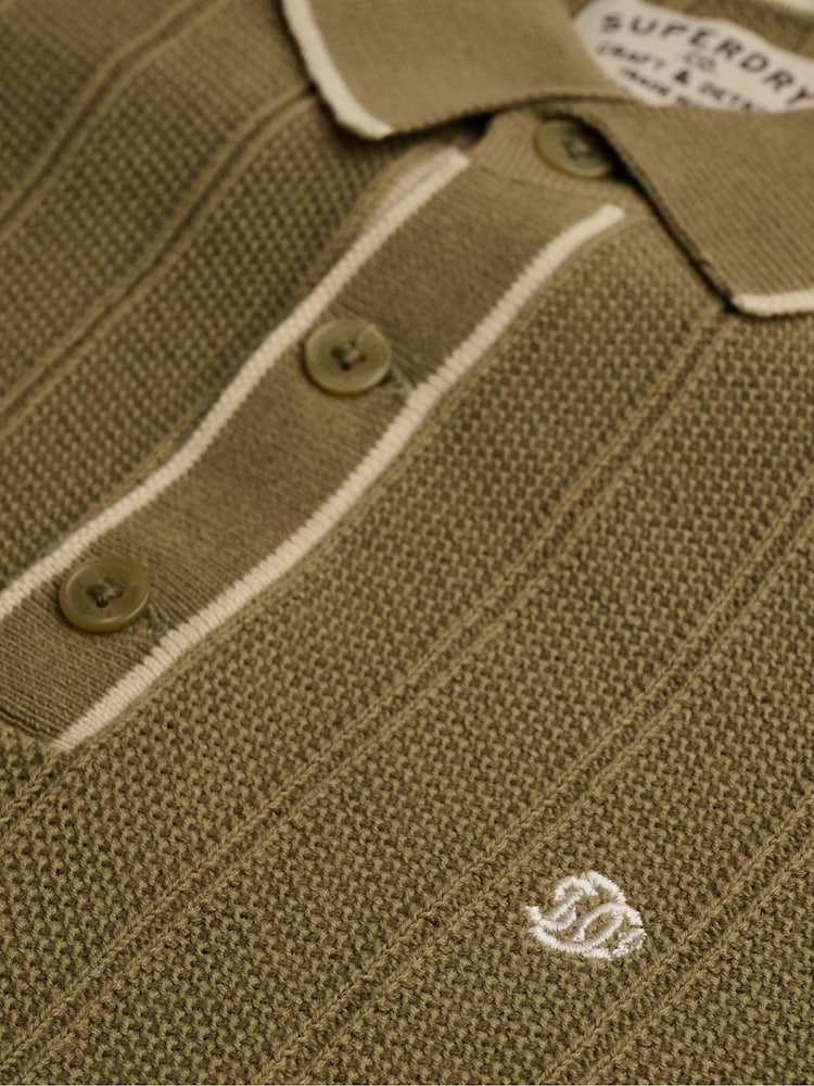 Superdry Green Knitted Long Sleeve Polo Shirt With Tipping Detail - Image 6 of 6