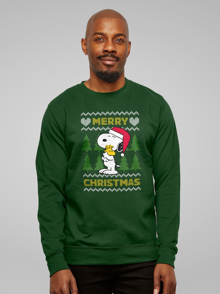 All + Every Green Peanuts Snoopy Hugs Merry Christmas Knit Sweatshirt - Image 1 of 4 All + Every Green Peanuts Snoopy Hugs Merry Christmas Knit Sweatshirt - Image 1 of 4