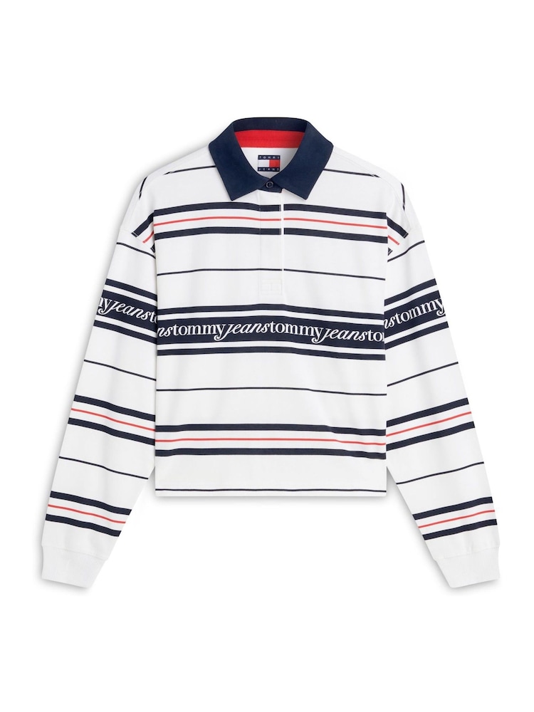 Tommy Jeans Natural Repeat Logo Relaxed Rugby Shirt - Image 1 of 1 Tommy Jeans Natural Repeat Logo Relaxed Rugby Shirt - Image 1 of 1