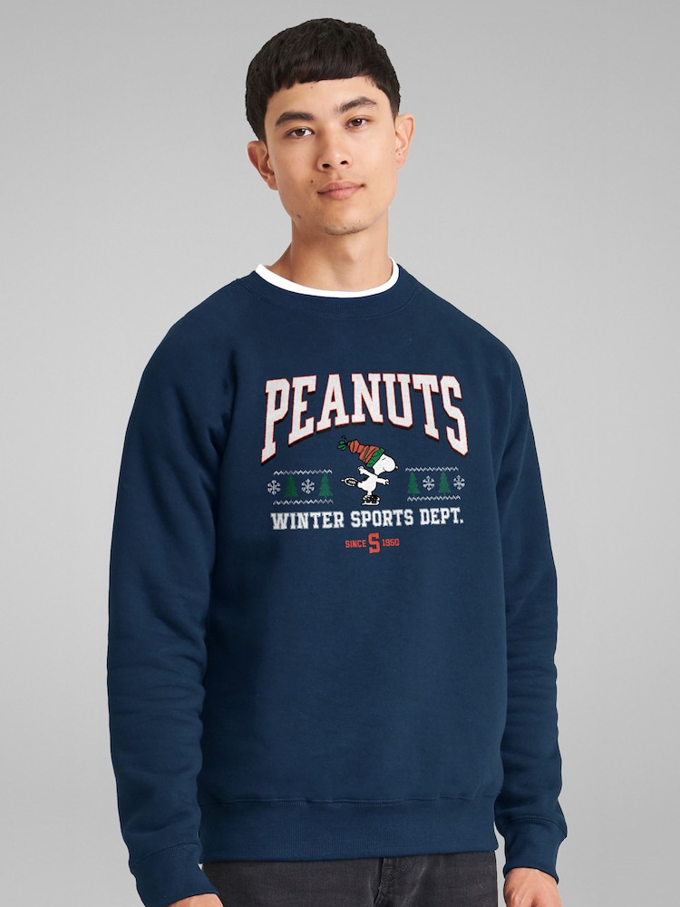 All + Every Blue Peanuts Winter Sports Dept Christmas Men's Sweatshirt - Image 1 of 4 All + Every Blue Peanuts Winter Sports Dept Christmas Men's Sweatshirt - Image 1 of 4