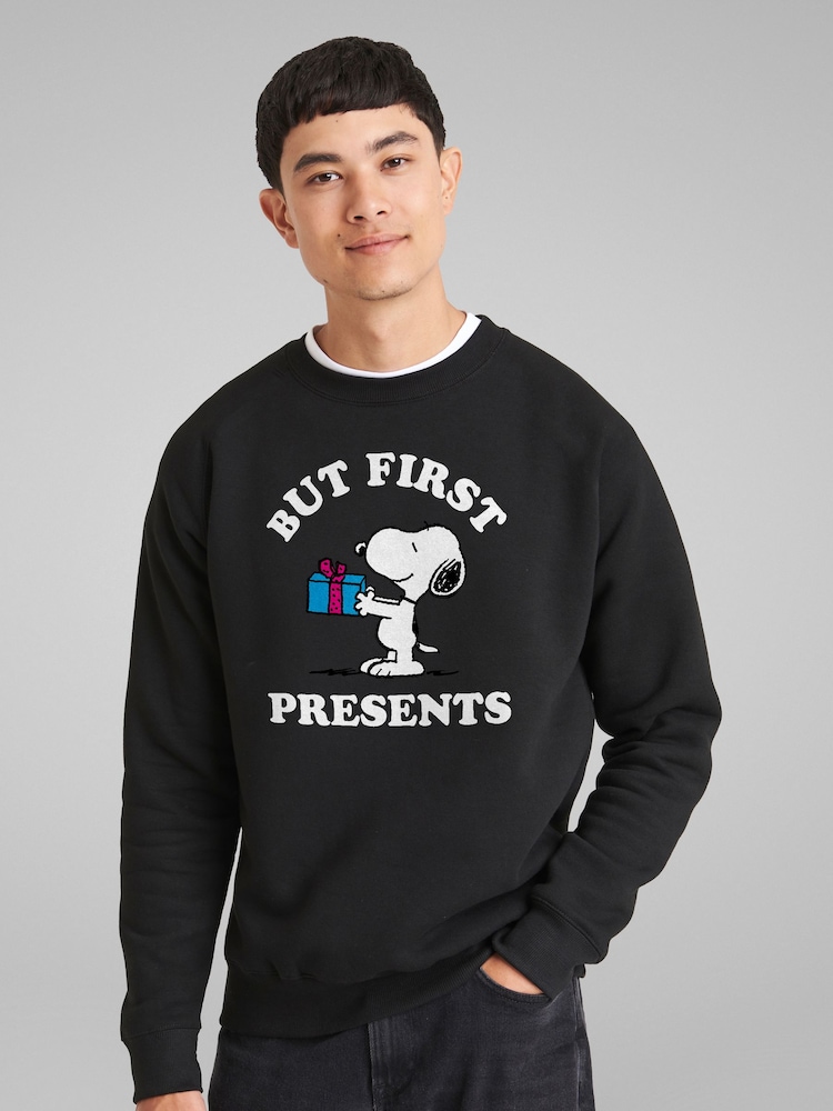 All + Every Black Peanuts Christmas But First Presents Snoopy Sweatshirt - Image 2 of 4
