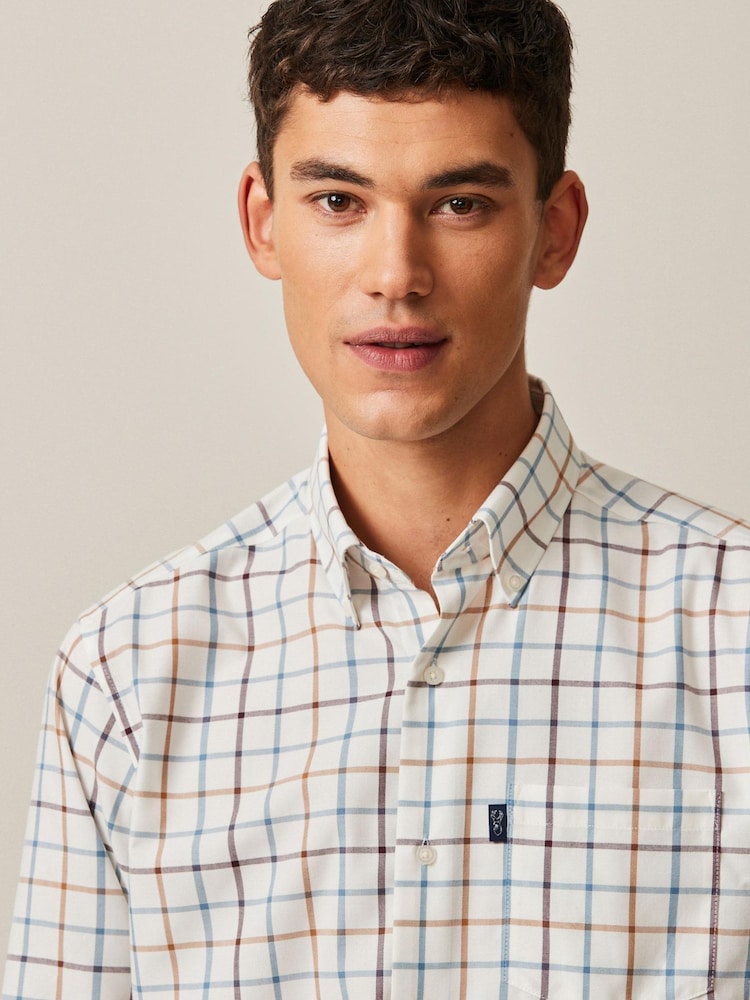 Ecru White/Blue Mini Tattersall Easy Iron Button Down Oxford Shirt - Image 1 of 9