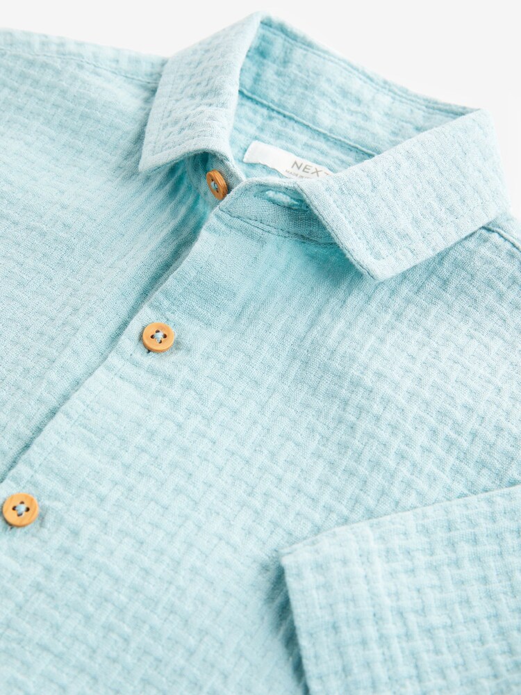 Blue 100% Cotton Short Sleeve Textured Shirt (3-16yrs) - Image 1 of 3 Blue 100% Cotton Short Sleeve Textured Shirt (3-16yrs) - Image 1 of 3