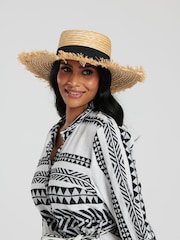 South Beach Natural Straw Boater Hat with Frayed Edge - Image 1 of 3
