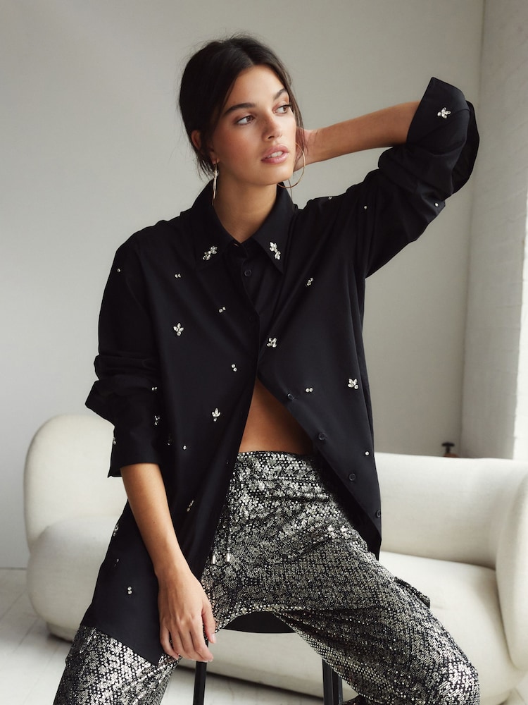 Black Gem Embellished Long Sleeve Shirt - Image 2 of 9