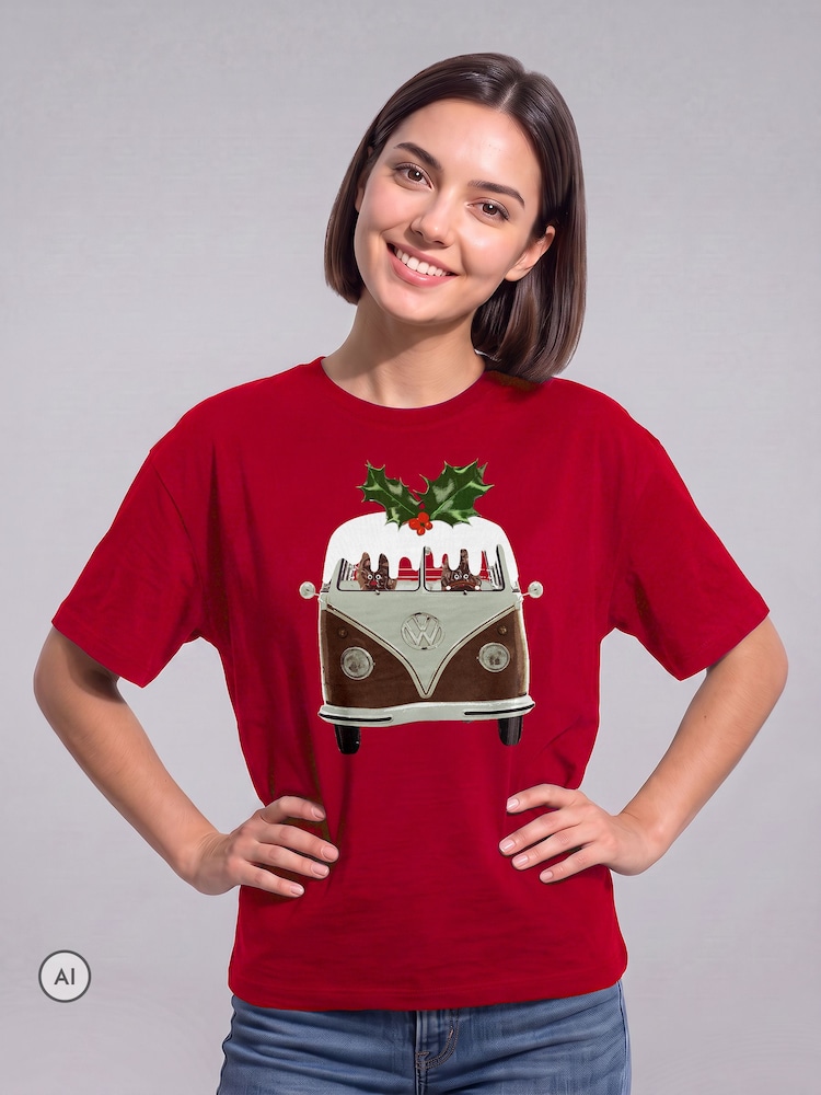 All + Every Red Official Volkswagen Christmas Pudding Camper T-Shirt - Image 1 of 4 All + Every Red Official Volkswagen Christmas Pudding Camper T-Shirt - Image 1 of 4