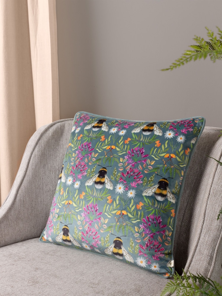 Wylder Blue House Of Bloom Zinnia Bee Floral Velvet Piped Cushion - Image 1 of 5