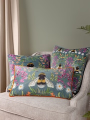 Wylder Blue House Of Bloom Zinnia Bee Floral Velvet Piped Cushion - Image 2 of 5