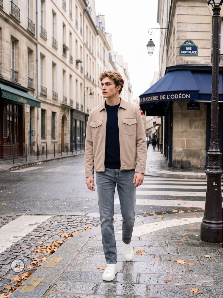 JACK & JONES Beige Zip Through Sweat Overshirt - Image 2 of 3 JACK & JONES Beige Zip Through Sweat Overshirt - Image 2 of 3