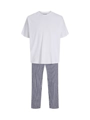 JACK & JONES White Lounge Set With T-Shirt and Checked Bottoms - Image 1 of 5