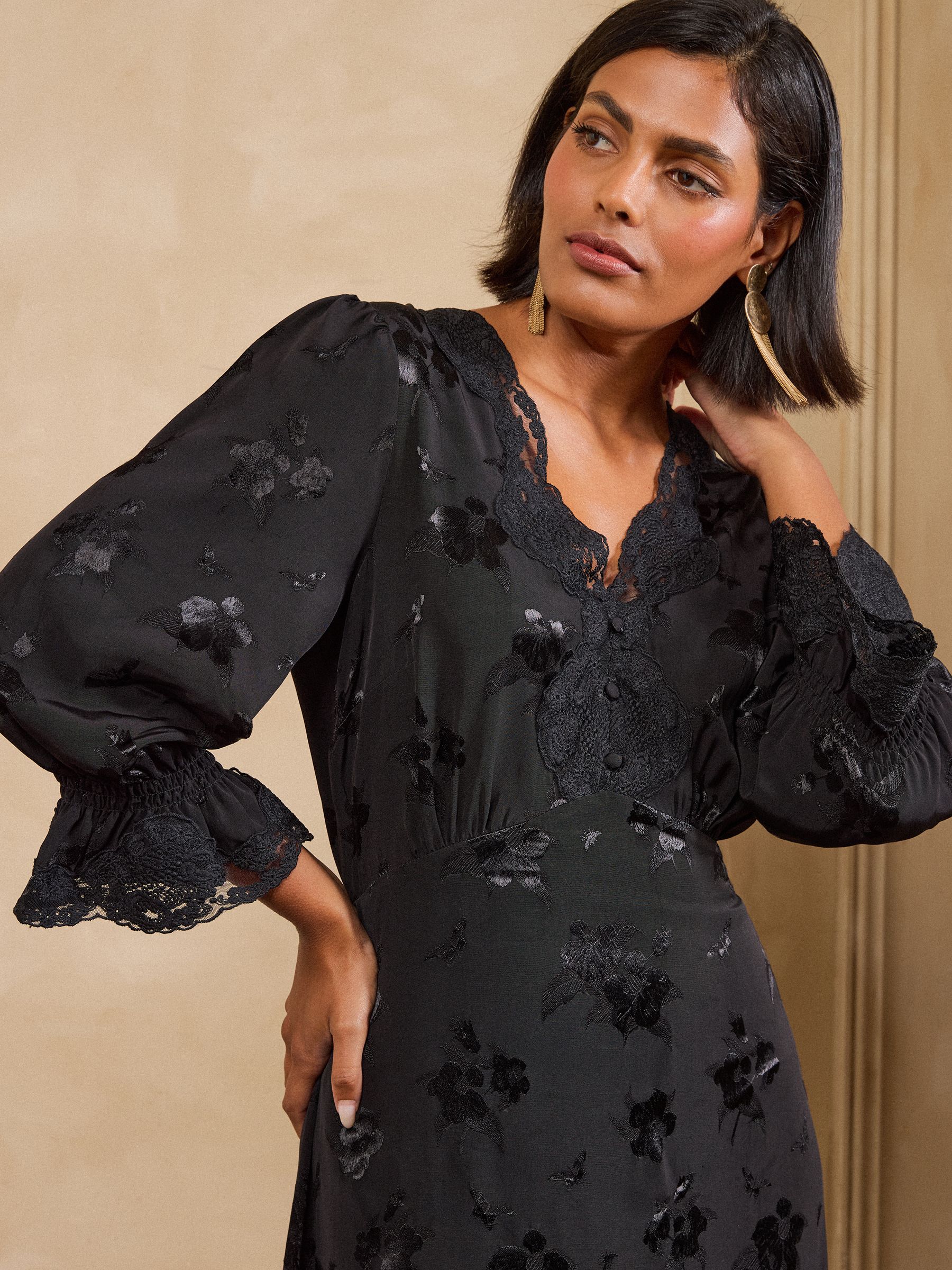 Buy Love & Roses Black Petite Satin Jacquard Lace Trim Midi Dress