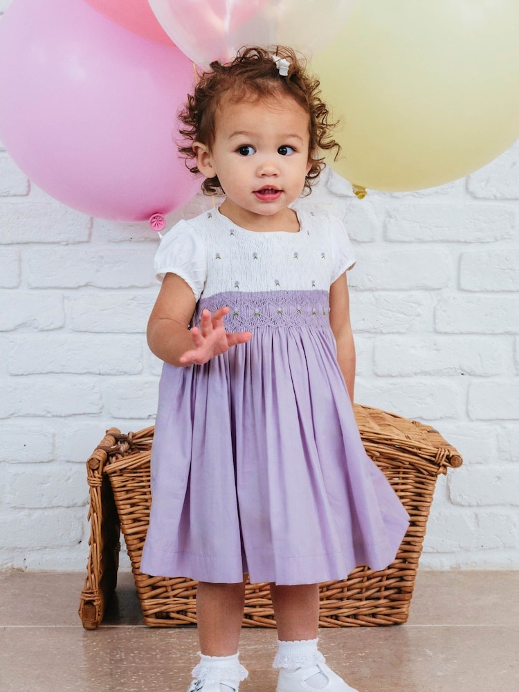 Trotters London Purple 100% Cotton Little Rose Hand Smocked Dress - Image 1 of 4