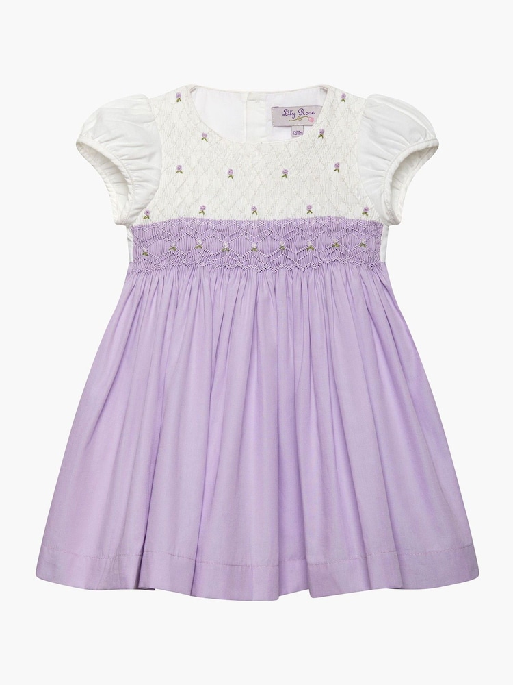Trotters London Purple 100% Cotton Little Rose Hand Smocked Dress - Image 2 of 4